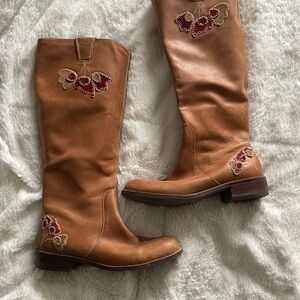 Anthropologie Brown Leather Boots with Red and Gold Embroidery